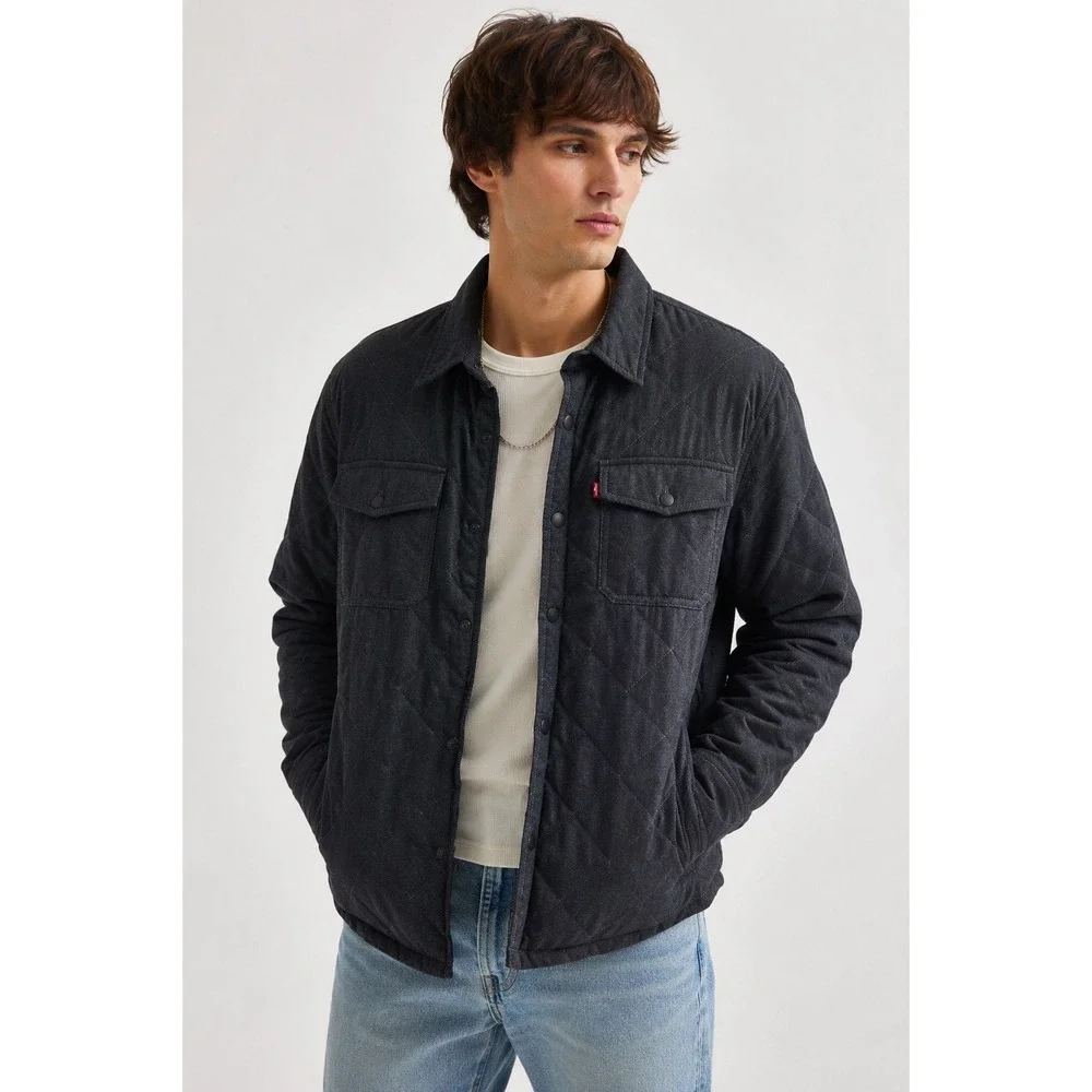 Levi's Quilted Shirt Jacket Gray Snap & Zip Front Shacket‎ Large Fall Casual